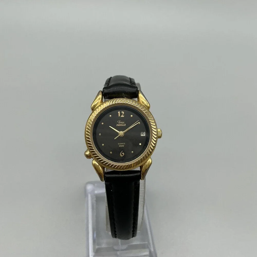 Vintage Timex Indiglo Womens Watch 25mm Black Dial Gold Tone Date New Battery